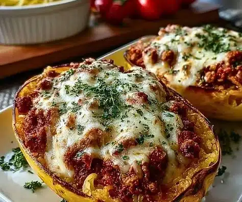 Cheesy Garlic and Herb Spaghetti Squash topped with meat sauce