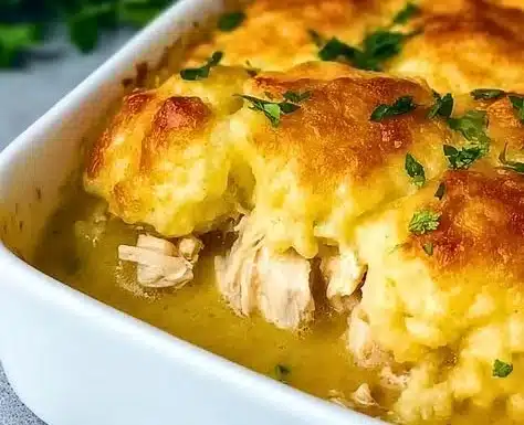 Chicken and Dumplings Casserole topped with herbs in a baking dish