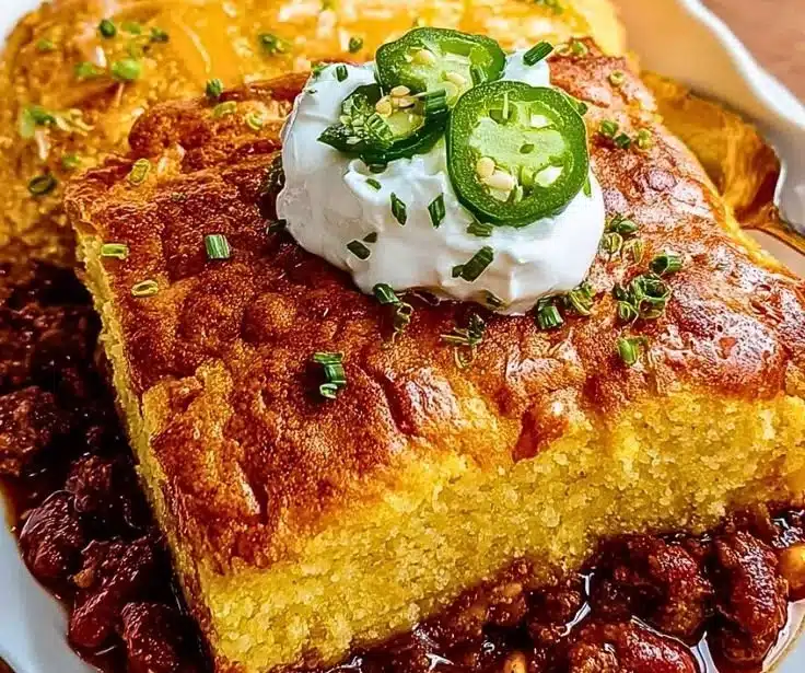 Chili and Cornbread Casserole baked dish topped with golden cornbread.