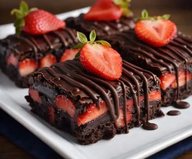 Delicious chocolate covered strawberry brownies topped with fresh strawberries