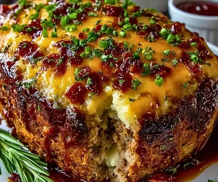Classic Comfort Loaded Potato Meatloaf with cheesy potatoes and seasonings