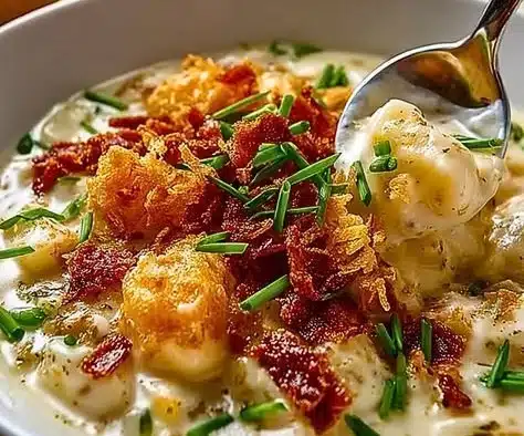 Bowl of classic crockpot potato soup topped with green onions and bacon bits.