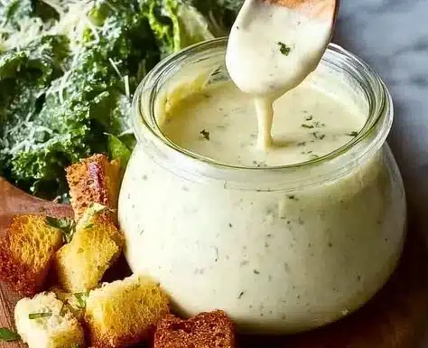 Bowl of classic homemade Caesar dressing with fresh ingredients