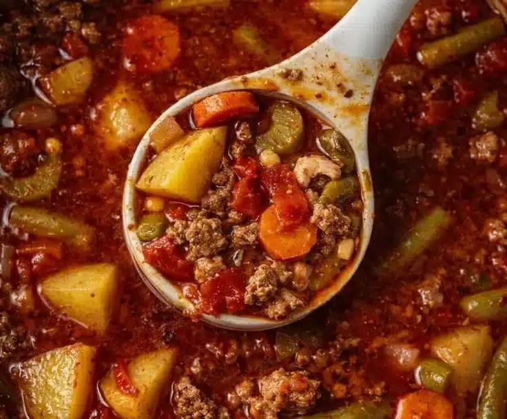 A bowl of hearty Cowboy Soup with vegetables and spices served in a rustic setting.