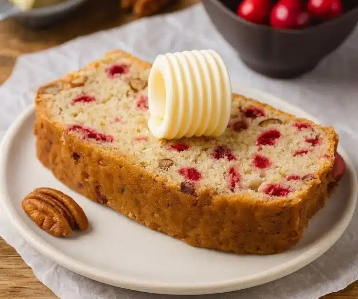 Freshly baked Cranberry Nut Bread loaf with nuts and cranberries