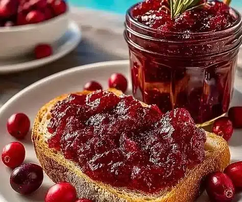 A jar of bright red cranberry orange jam with slices of orange and fresh cranberries.