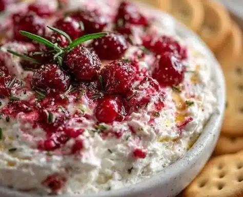 Cranberry Whipped Feta Dip served in a bowl with crackers and herbs