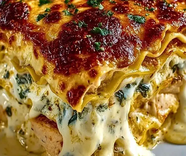 Delicious creamy chicken lasagna served on a plate with a side salad
