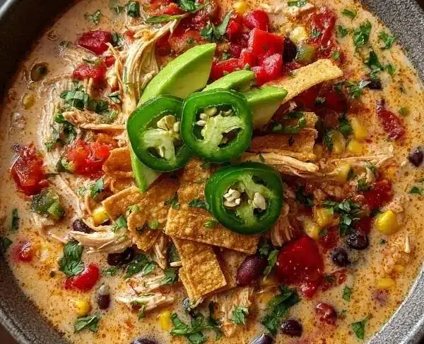 Creamy Chicken Tortilla Soup 4 Bowl of creamy chicken tortilla soup garnished with cilantro and tortilla strips