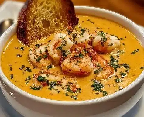 Creamy crab and shrimp seafood bisque garnished with herbs