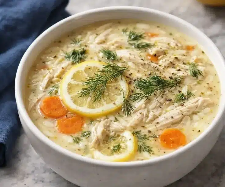Bowl of creamy Greek lemon chicken soup with herbs and lemon slices