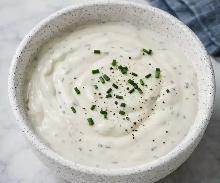 Creamy horseradish sauce served with prime rib on a plate