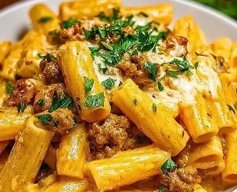 Creamy sausage rigatoni pasta dish garnished with herbs