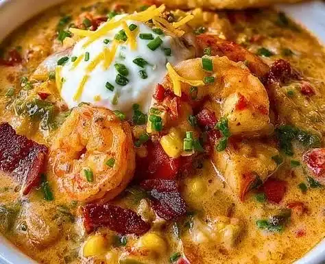Bowl of creamy seafood and shrimp chili garnished with herbs