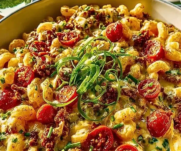 Creamy taco mac and cheese topped with cheese and spices