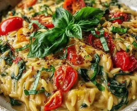 Bowl of creamy vegan Tuscan orzo with fresh vegetables and herbs