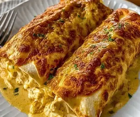 Creamy white chicken enchiladas topped with sauce and cheese