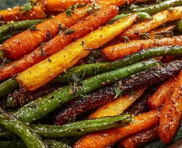Crispy roasted carrots and green beans served on a plate.
