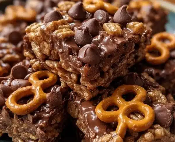 Decadent Chocolate Peanut Butter Chex Scotcheroos 9 Decadent chocolate peanut butter Chex scotcheroos on a plate