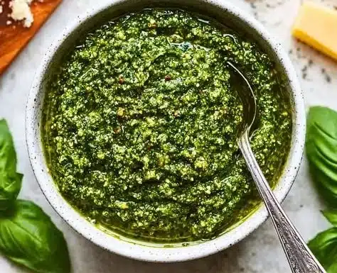 Basil pesto sauce made with fresh basil, garlic, and pine nuts.