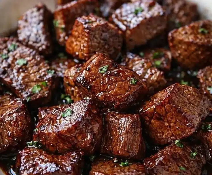 Delicious Crockpot Steak Bites served with vegetables.