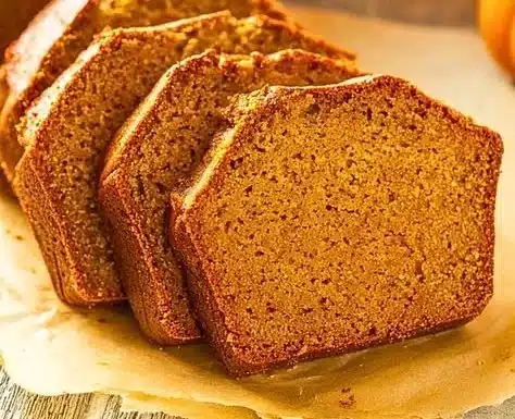 Loaf of easy homemade pumpkin bread fresh out of the oven