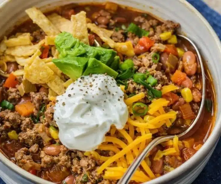 Delicious bowl of easy taco soup garnished with cilantro and avocado