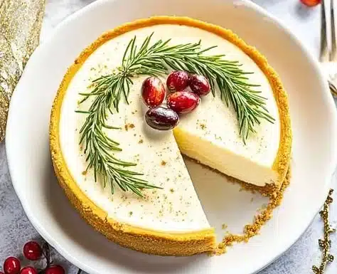 Delicious homemade eggnog cheesecake topped with whipped cream and nutmeg