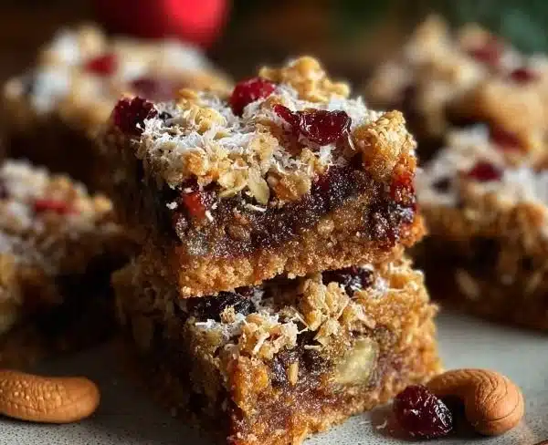 Festive spiced Christmas dessert bars with a crunchy crust on a dessert platter.