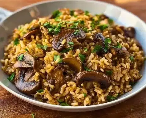 Flavorful one-pot mushroom rice dish garnished with fresh herbs.