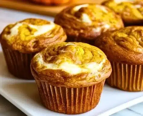 Fluffy pumpkin cream cheese muffins with a delicious swirl on a plate