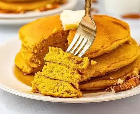 Fluffy Pumpkin Pancakes 7 Fluffy pumpkin pancakes stacked with syrup and spices, perfect autumn breakfast.