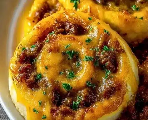 Garlic Butter Cheeseburger Rollups 6 Garlic Butter Cheeseburger Rollups served on a plate