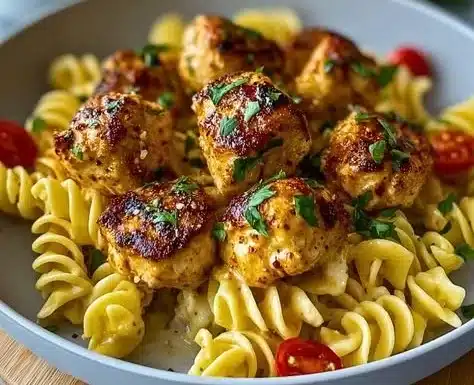 Garlic Butter Chicken Bites served with Spicy Cajun Alfredo Twisted Pasta dish