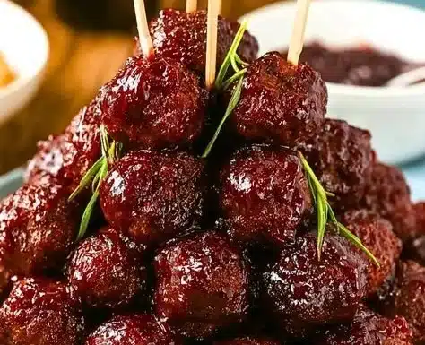 Plate of grape jelly meatballs served as a delicious appetizer