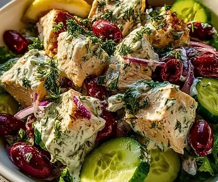 Delicious Greek Tzatziki Chicken Salad Bowl with fresh ingredients