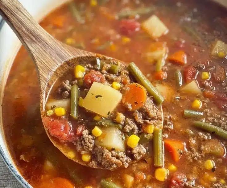 A bowl of hearty Hamburger Soup with fresh vegetables and ground beef