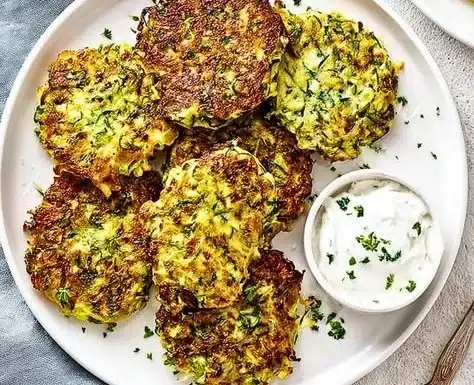 Healthy Zucchini Fritters 2 Healthy zucchini fritters served on a plate with dipping sauce.