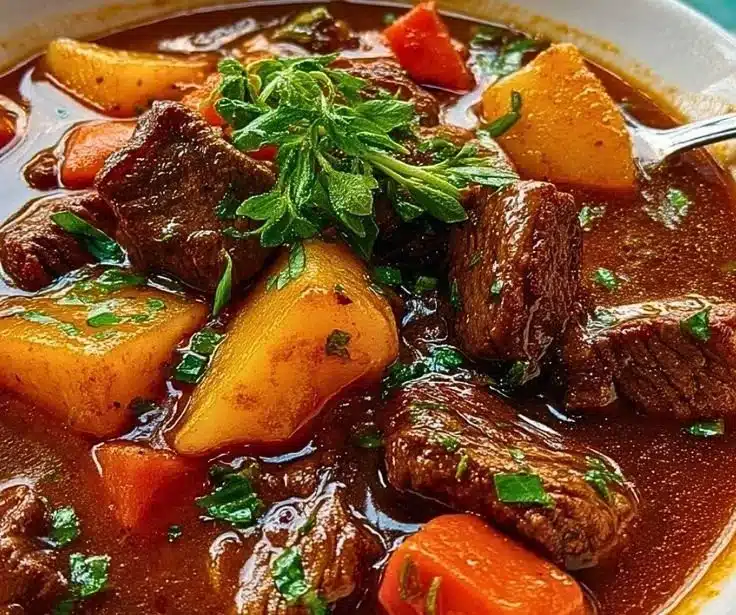 Bowl of hearty beef stew with vegetables and herbs