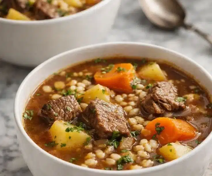 Bowl of hearty crockpot beef and barley soup with fresh vegetables