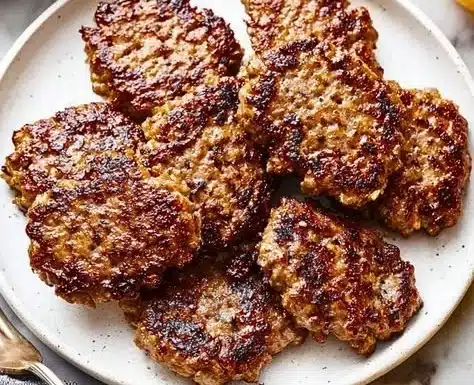 Homemade breakfast sausages on a skillet, ready to serve.