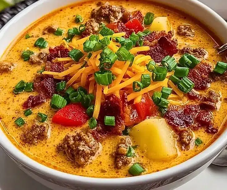 A warm bowl of homemade cheeseburger soup garnished with cheese and herbs