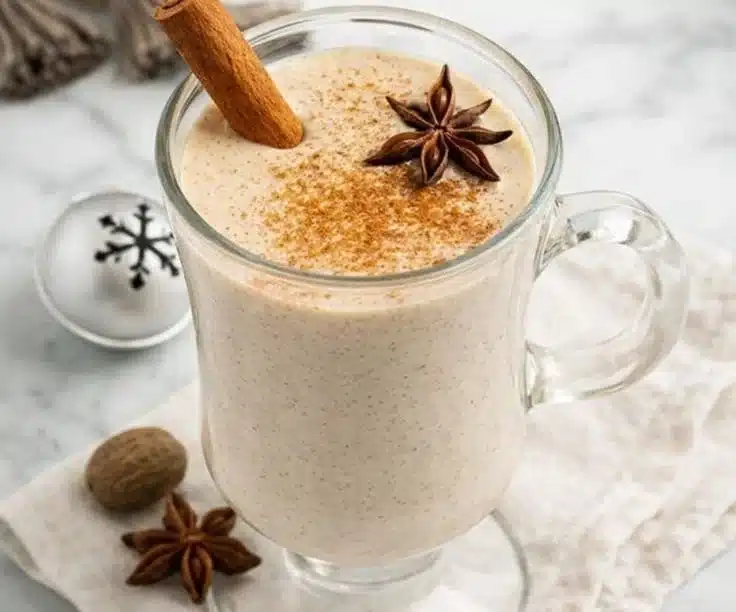 Delicious homemade eggnog served in a festive glass