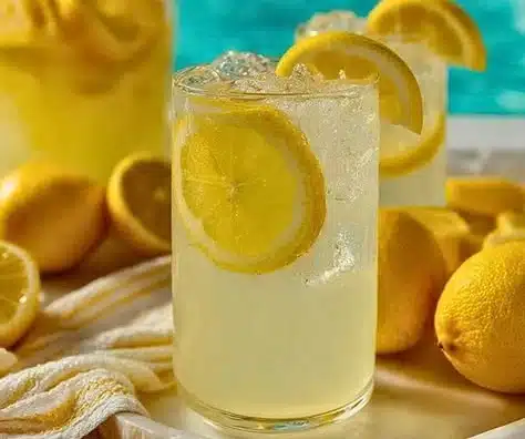 Refreshing homemade lemonade in a glass with lemon slices