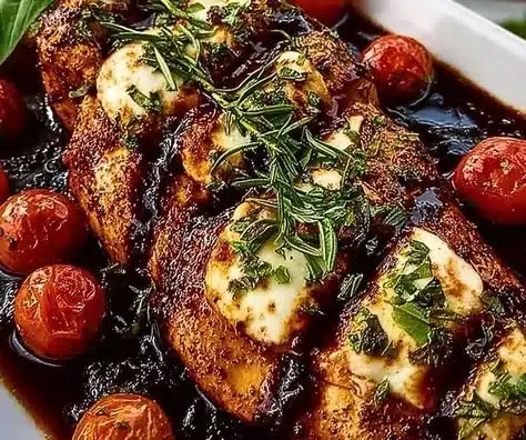 Homemade one pan balsamic chicken served on a plate with fresh herbs