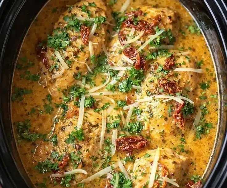 Bowl of delicious Crockpot Marry Me Chicken Soup garnished with herbs.