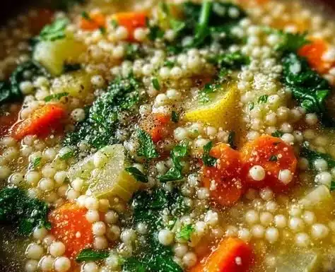 A bowl of Italian Pastina Soup garnished with herbs and vegetables