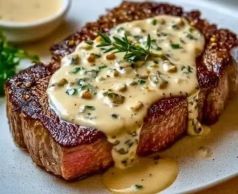 Juicy steak served with creamy garlic sauce on a plate