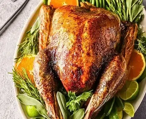 A succulent turkey brined for juicy flavor, ready for roasting and serving.