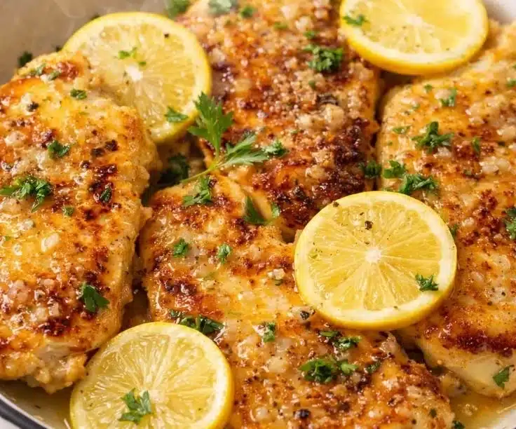 Delicious lemon chicken served with fresh herbs and vibrant lemon slices.